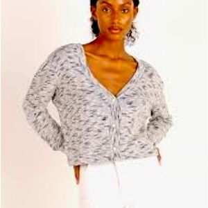 LNA Marled Knit Cotton Oversized V-Neck Pearl Button Cropped Cardigan NWT